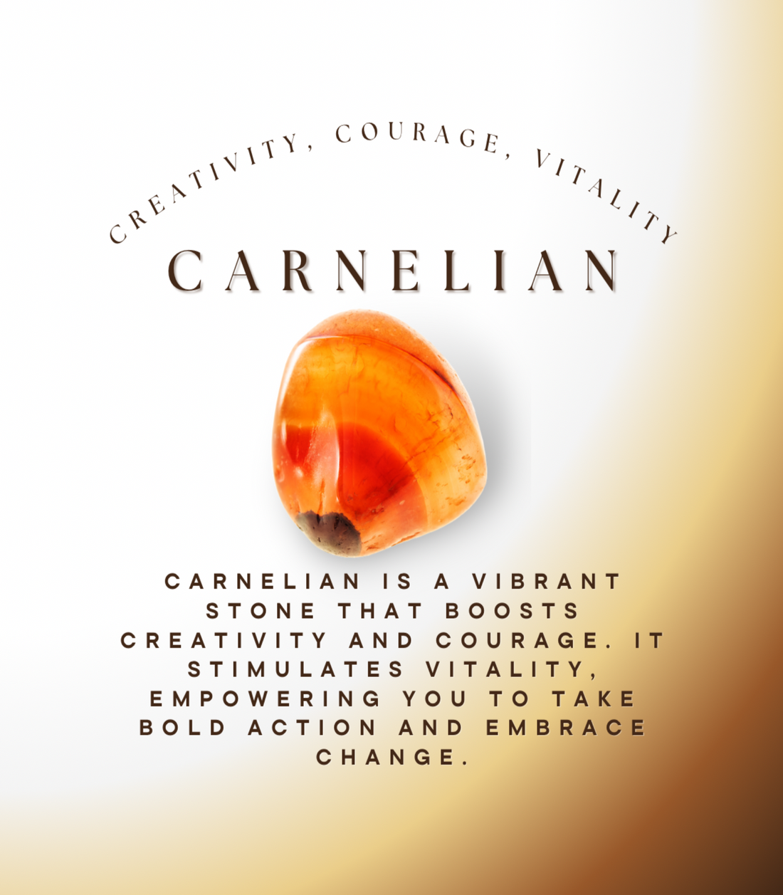 Carnelian info graphic reading "Creativity, Courage, Vitality," describing the stone as vibrant and empowering, stimulating vitality and bold action