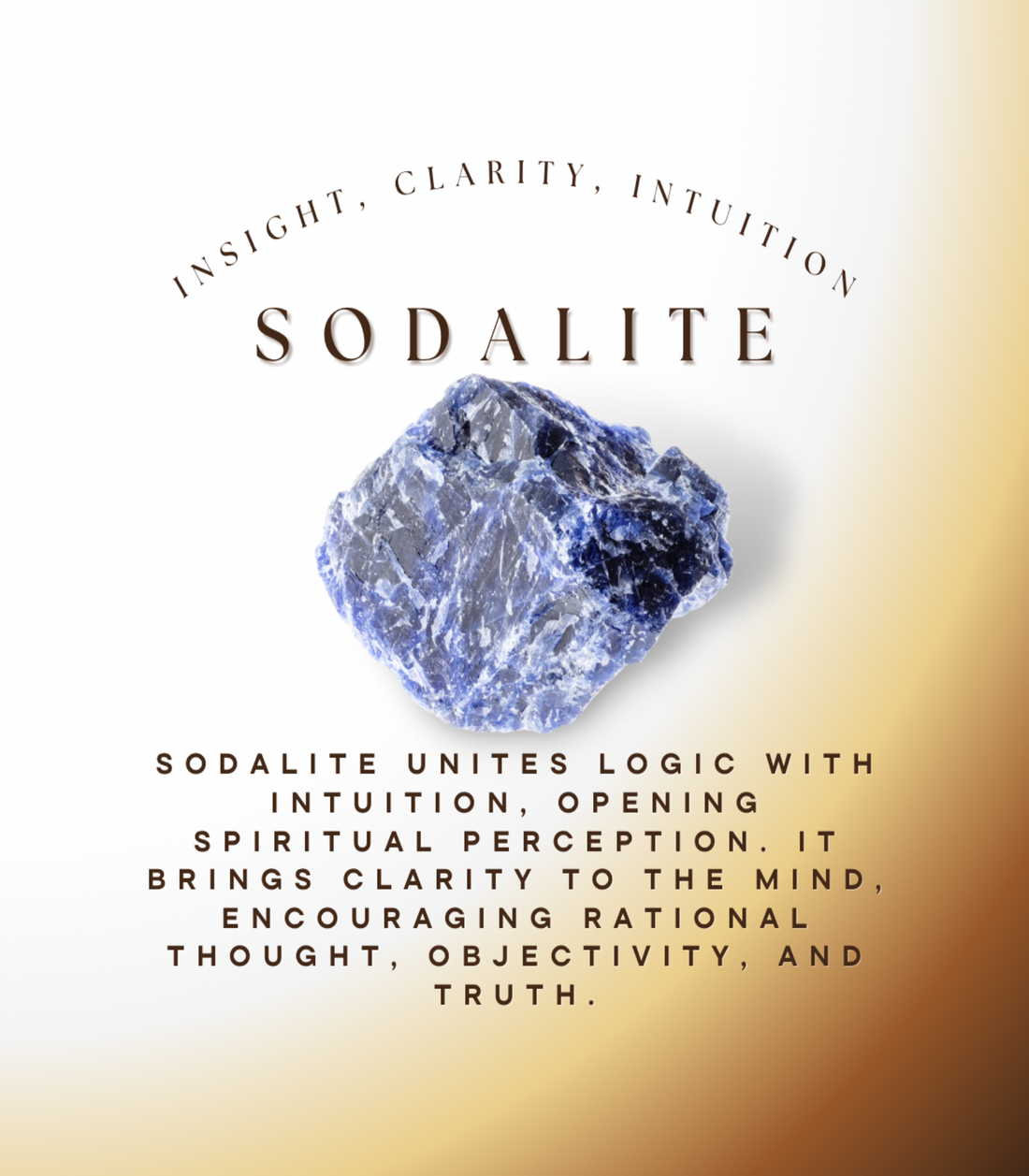 Sodalite info graphic reading "Insight, Clarity, Intuition," describing the stone as a union of logic and intuition that opens spiritual perception and encourages rational thought, objectivity, and truth