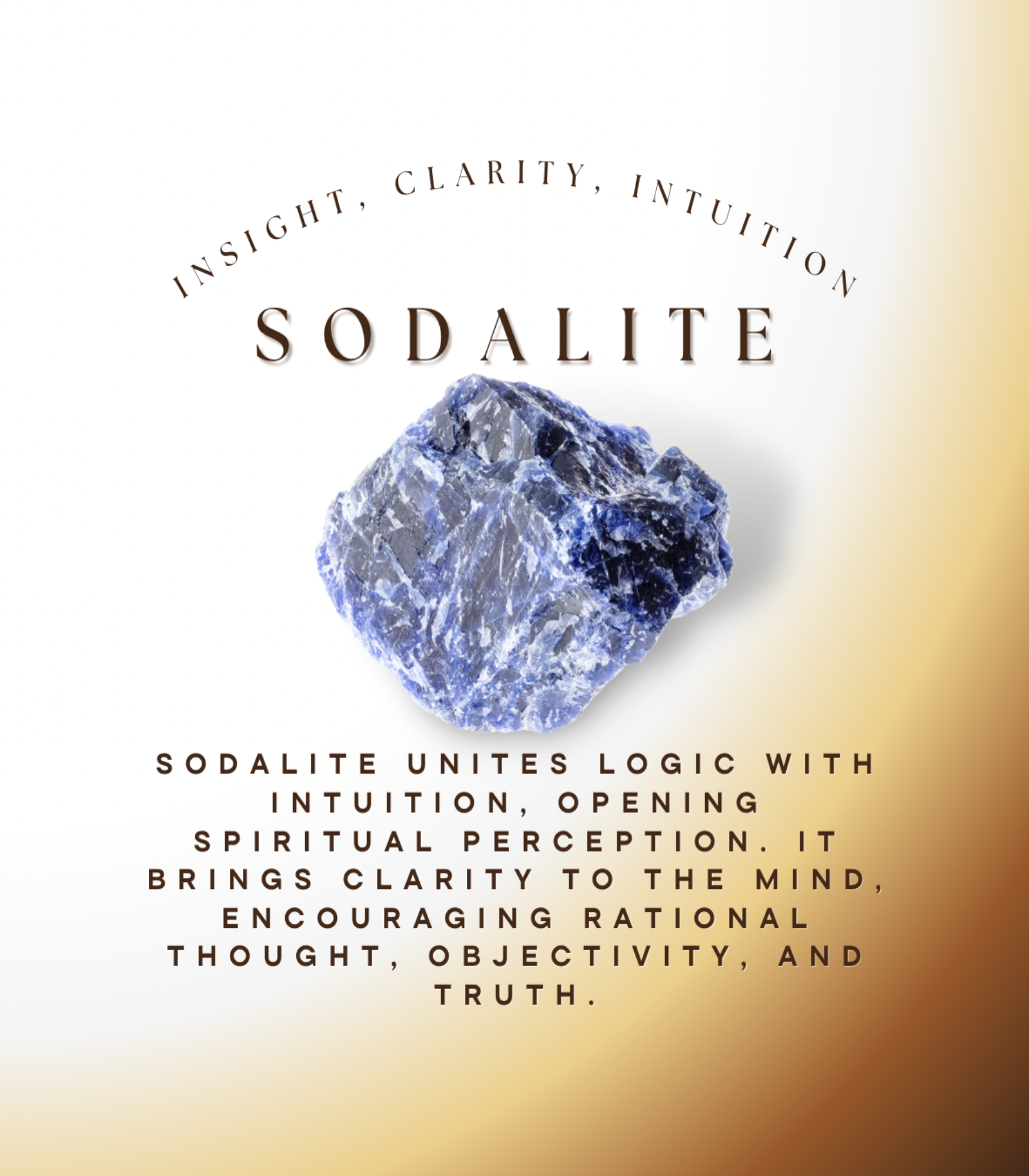 Sodalite info graphic reading "Insight, Clarity, Intuition," describing the stone as a union of logic and intuition that opens spiritual perception and encourages rational thought, objectivity, and truth