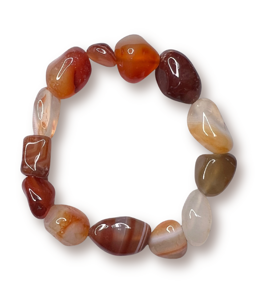 Beaded stretch bracelet made of smooth, polished tumbled carnelian stones in earthy tones of brown, orange, red, cream, and gray