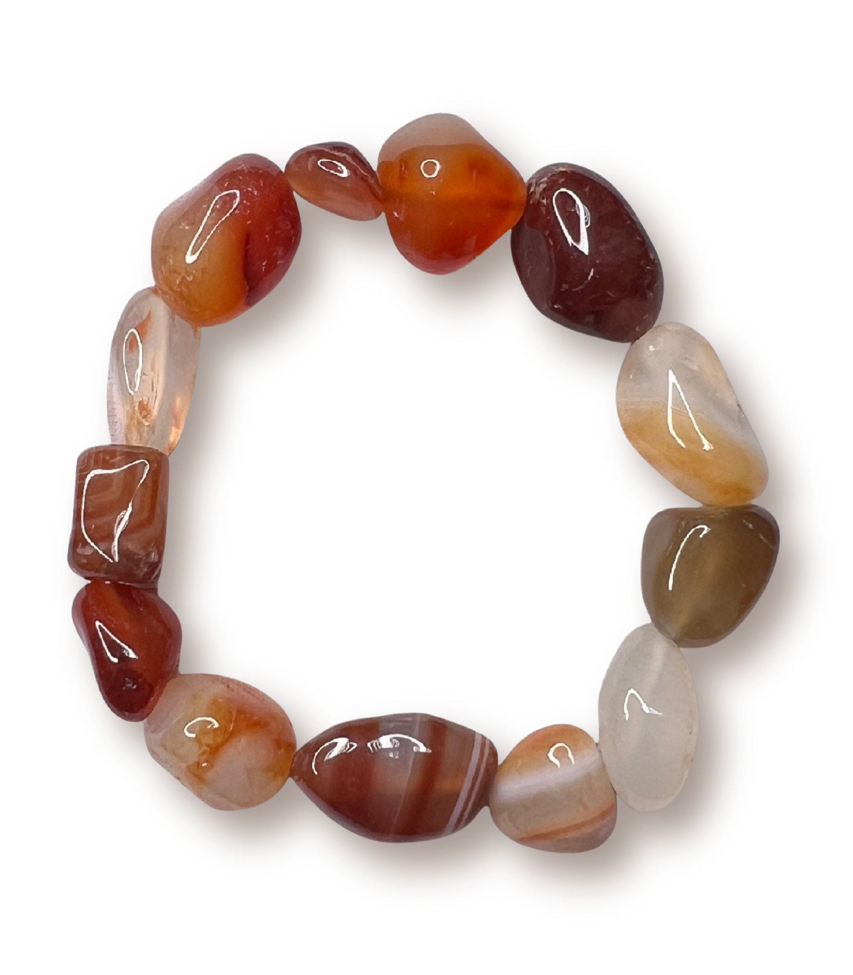 Beaded stretch bracelet made of smooth, polished tumbled carnelian stones in earthy tones of brown, orange, red, cream, and gray