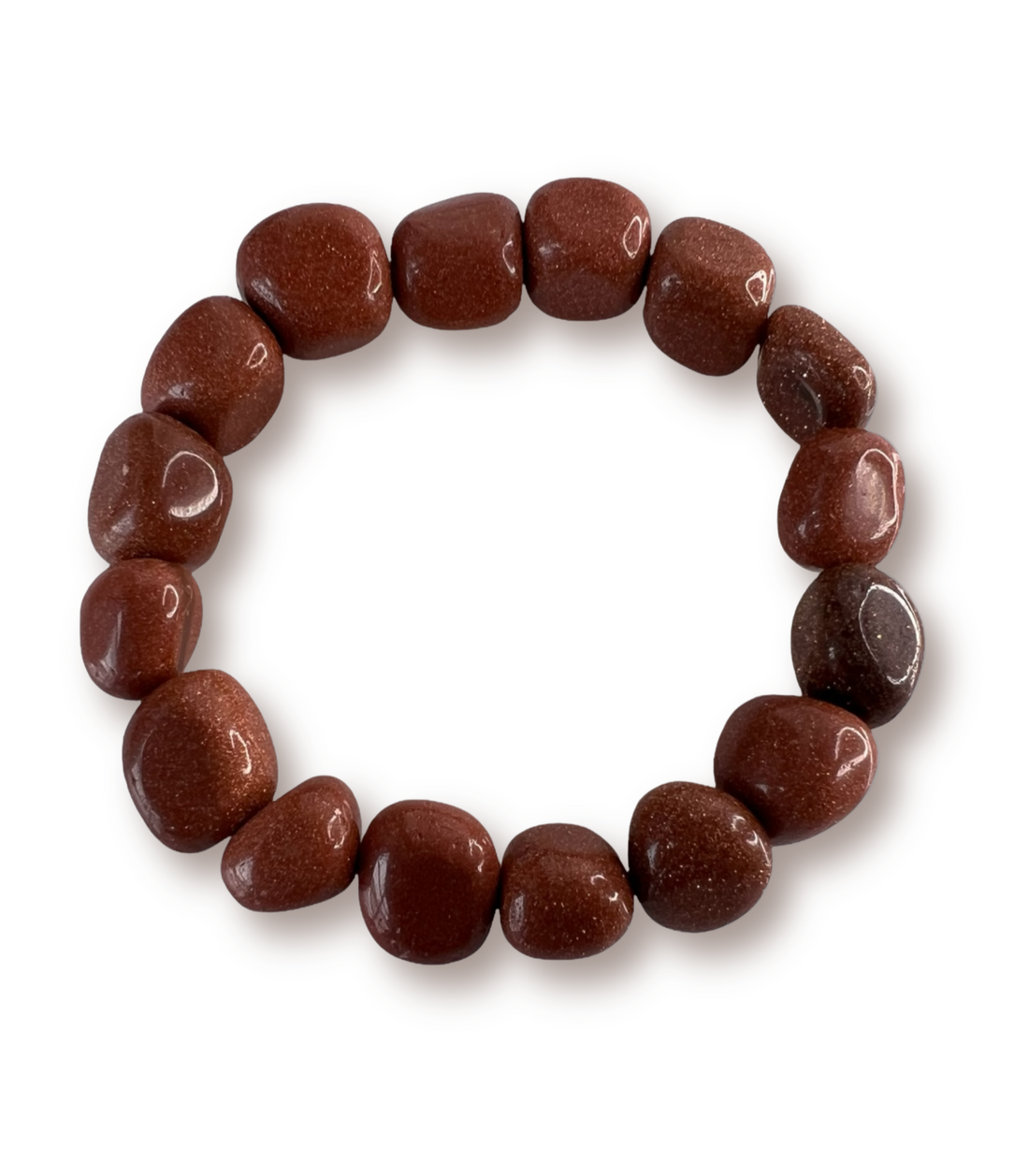 Beaded stretch bracelet made of tumbled reddish-brown goldstone beads with shimmering copper flecks