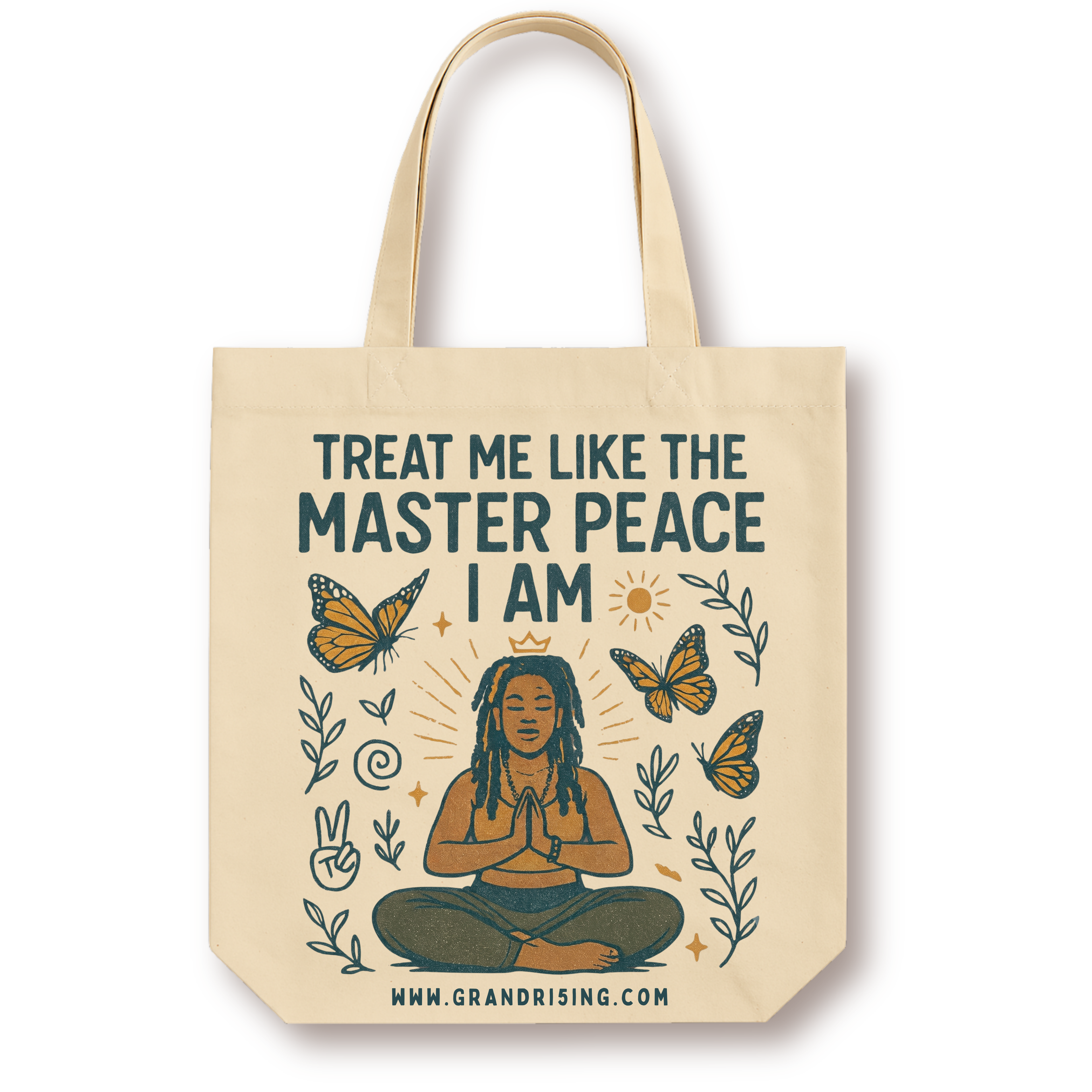 Natural canvas tote featuring a meditating figure in prayer pose surrounded by monarch butterflies and greenery, with "Treat Me Like the Master Peace I Am" in navy lettering and grandri5ing.com below