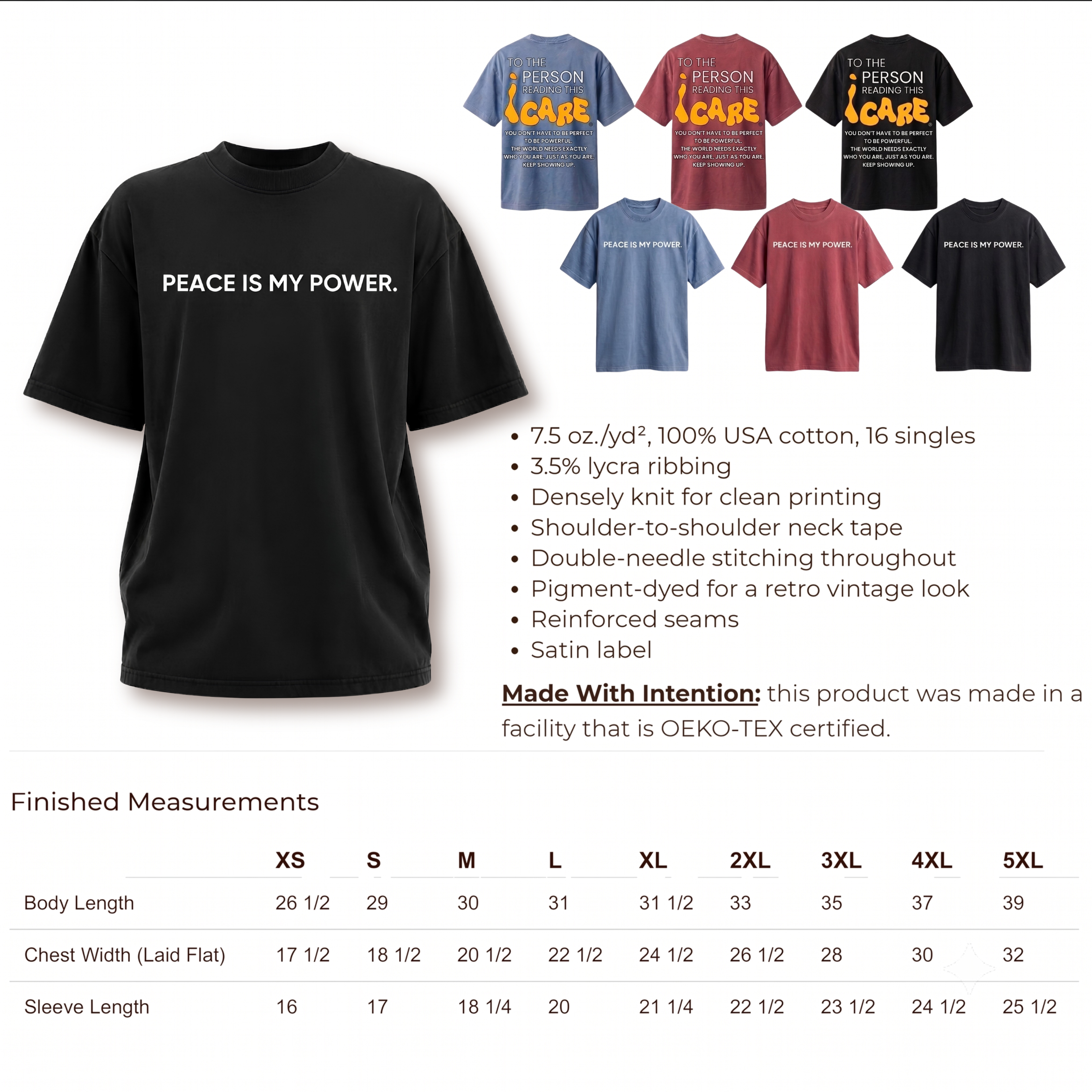 Peace Is My Power tee fabric details and finished measurements size chart, XS through 5XL