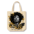 Natural canvas tote featuring a black-and-white portrait of a woman with a curly afro and gold hoop earrings, gold paint splatter accents, and bold text reading "Peace Is The Flex. I don&