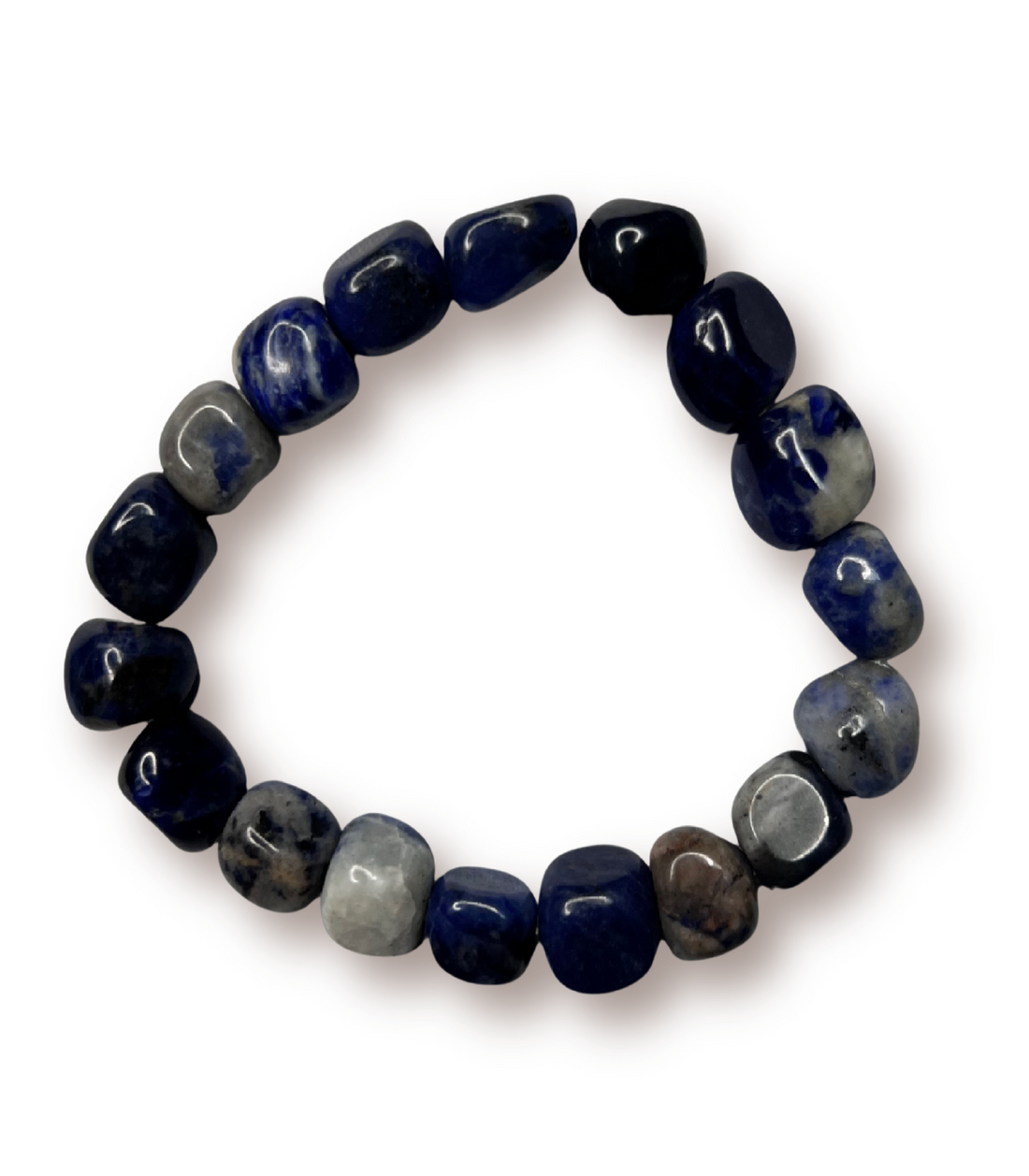 Beaded stretch bracelet made of polished, irregular sodalite beads in deep blue and gray
